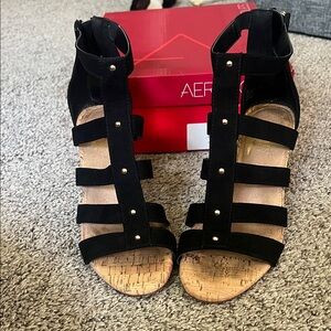 AEROSOLES Black Strappy Sandals with Studs